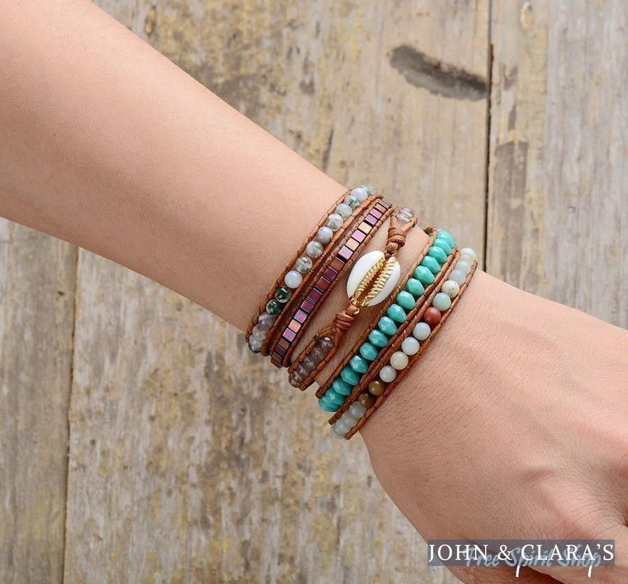 Natural Shell Wrap Bracelet With Amazonite & Moss Agate Beads