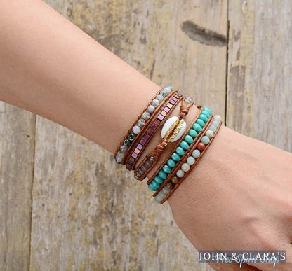 Natural Shell Wrap Bracelet With Amazonite & Moss Agate Beads