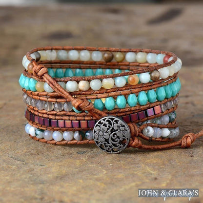 Natural Shell Wrap Bracelet With Amazonite & Moss Agate Beads