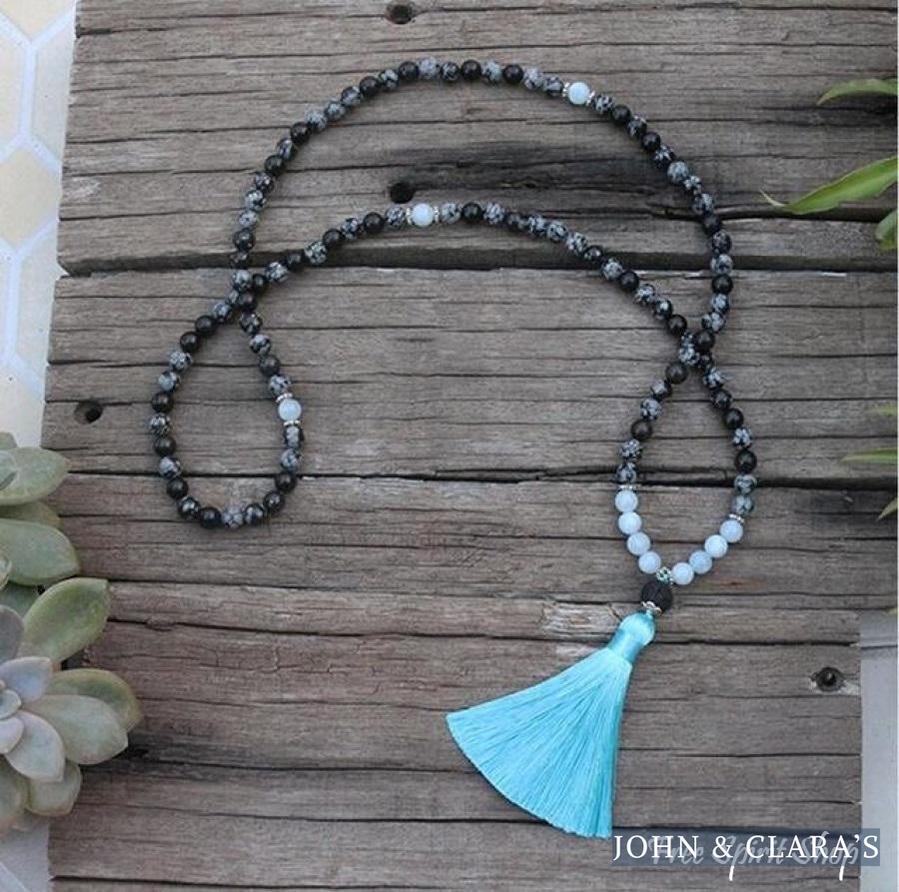 Natural Snowflake Obsidian & Aquamarine Bead Bracelet / Necklace