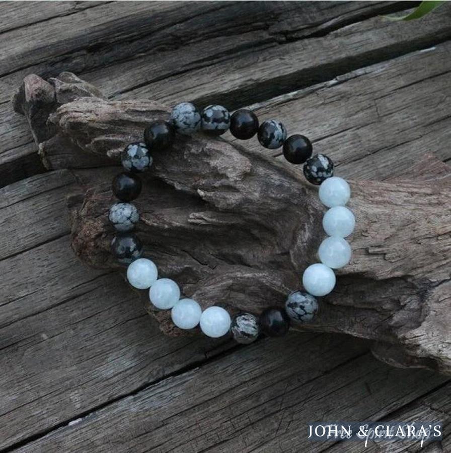 Natural Snowflake Obsidian & Aquamarine Bead Bracelet / Necklace