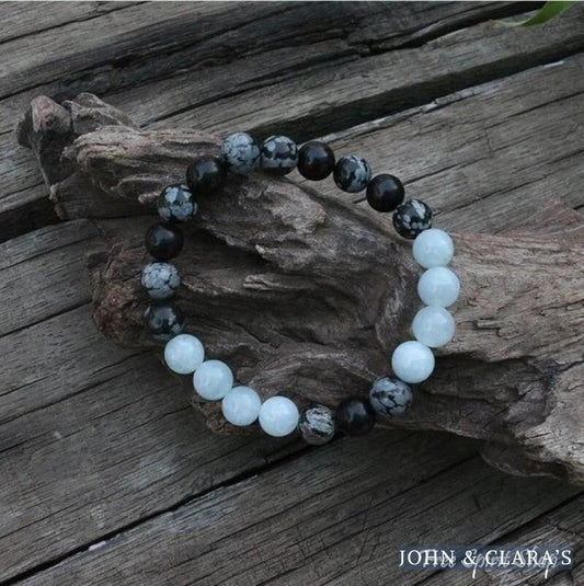 Natural Snowflake Obsidian & Aquamarine Bead Bracelet / Necklace