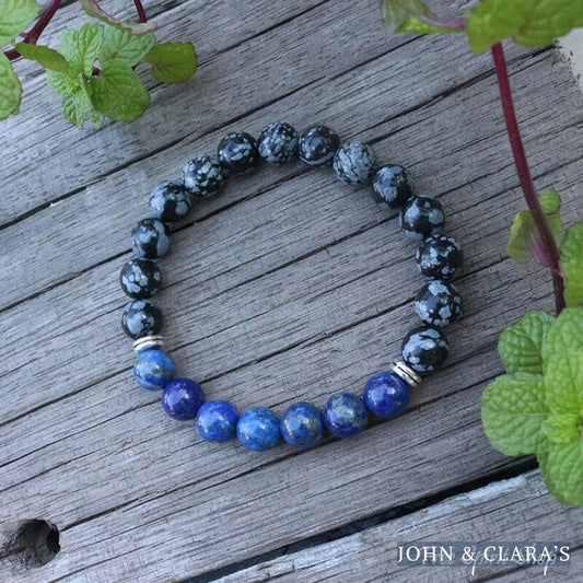 Natural Snowflake Obsidian & Lapis Lazuli Bead Bracelet