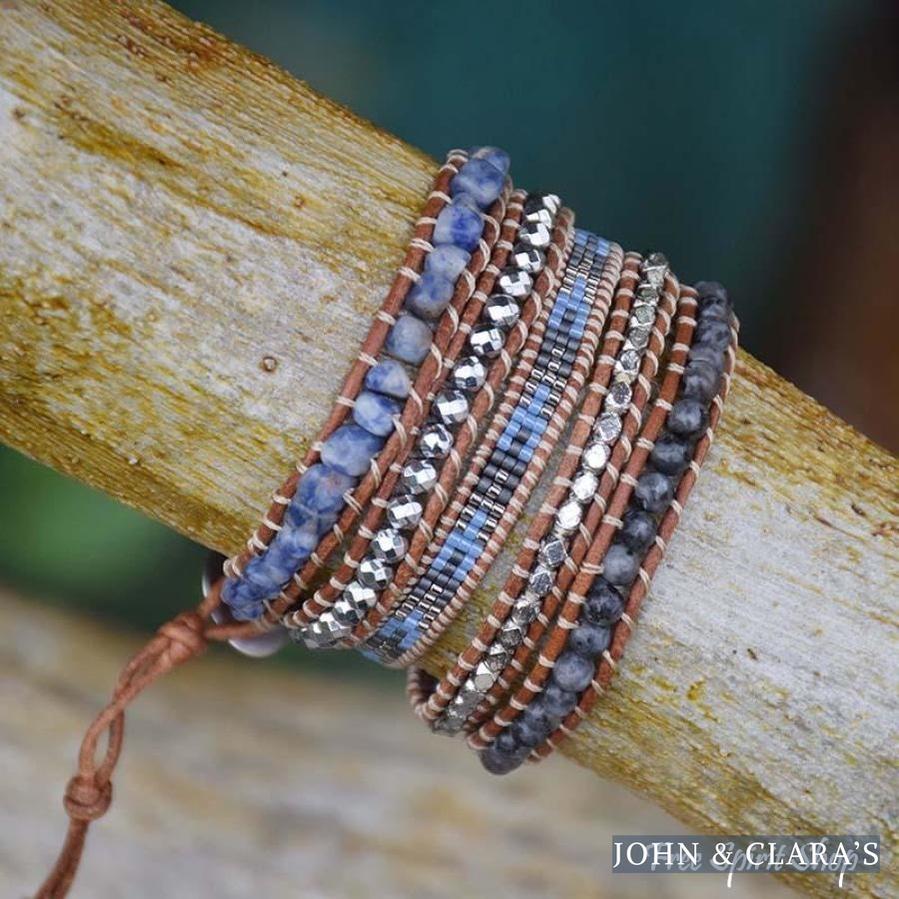 Natural Sodalite, Labradorite & Hematite Stone Leather Wrap Bracelet