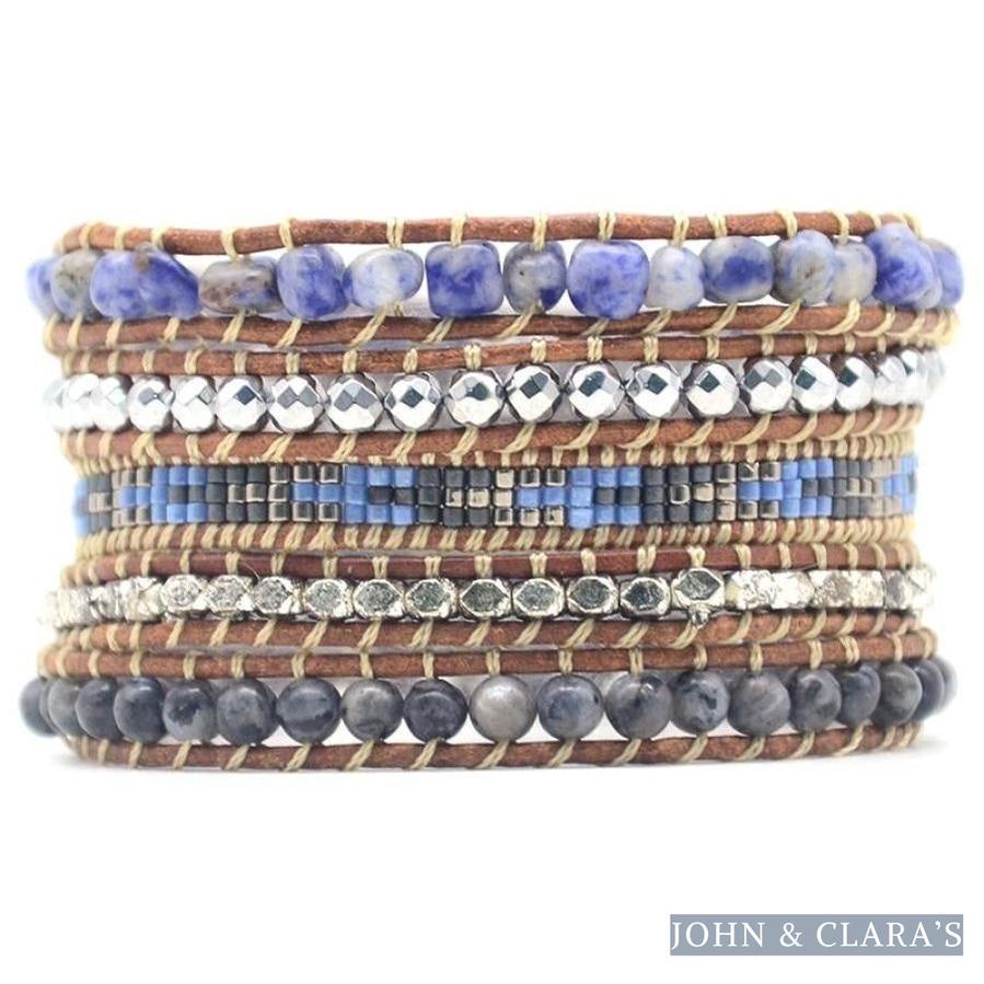 Natural Sodalite, Labradorite & Hematite Stone Leather Wrap Bracelet