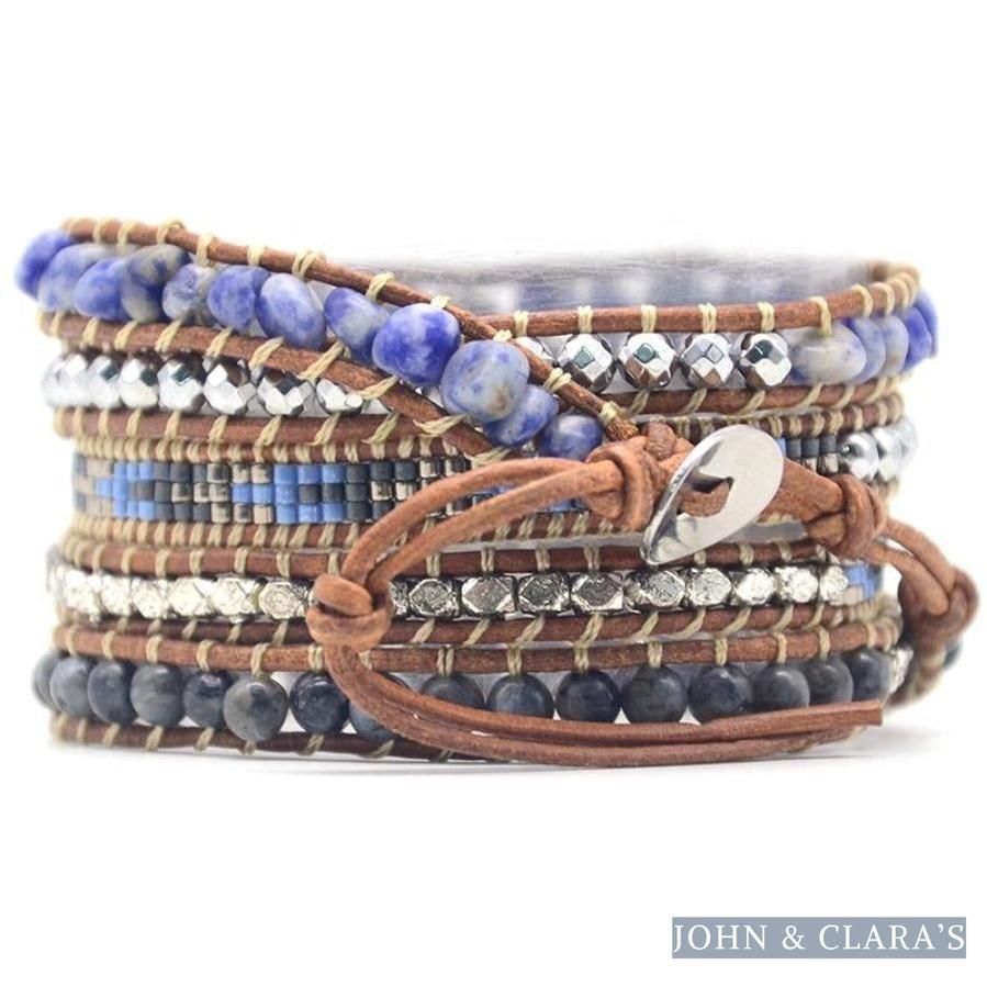 Natural Sodalite, Labradorite & Hematite Stone Leather Wrap Bracelet