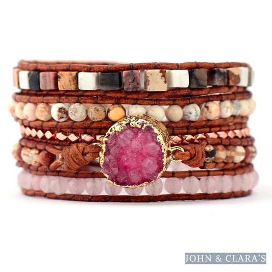 Natural Strawberry Quartz Jasper & Rose Quartz Wrap Bracelet