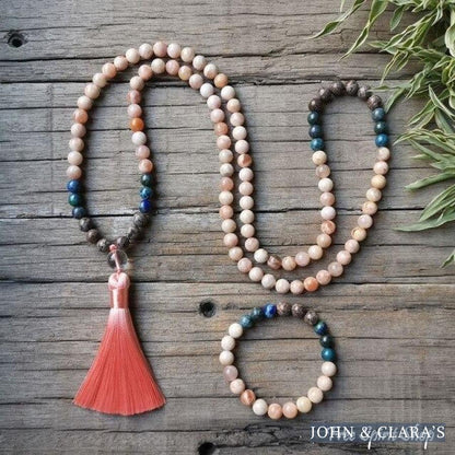 Natural Sunstone & Chrysocolla Mala Bead Necklace / Bracelet