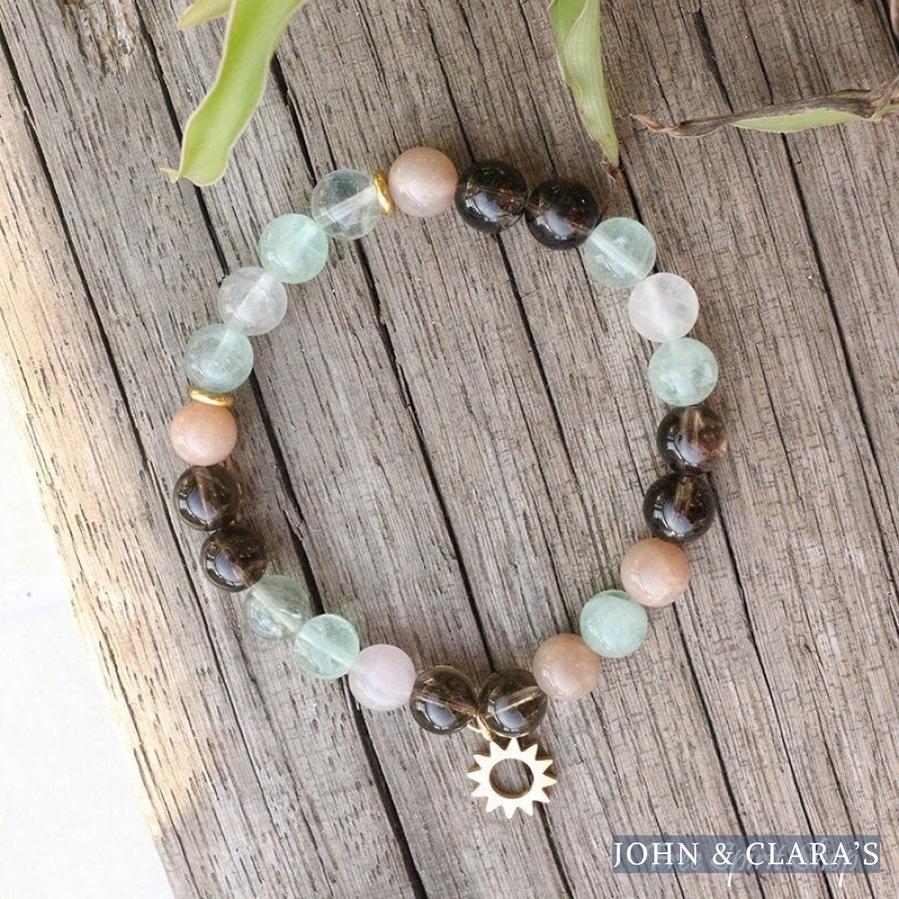 Natural Sunstone Fluorite & Smoky Quartz Bead Bracelet