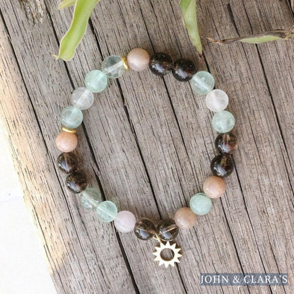 Natural Sunstone Fluorite & Smoky Quartz Bead Bracelet