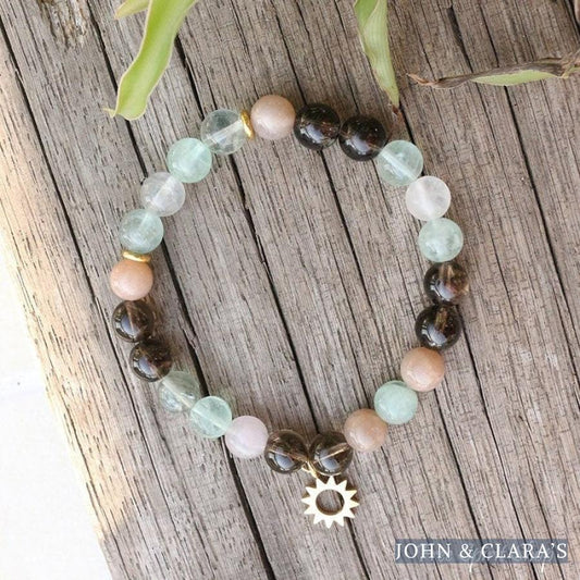 Natural Sunstone Fluorite & Smoky Quartz Bead Bracelet