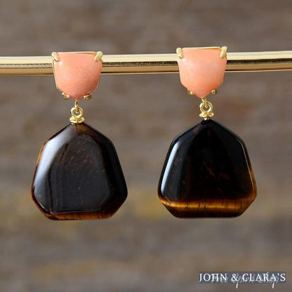 Natural Tiger Eye & Peach Stone Earrings