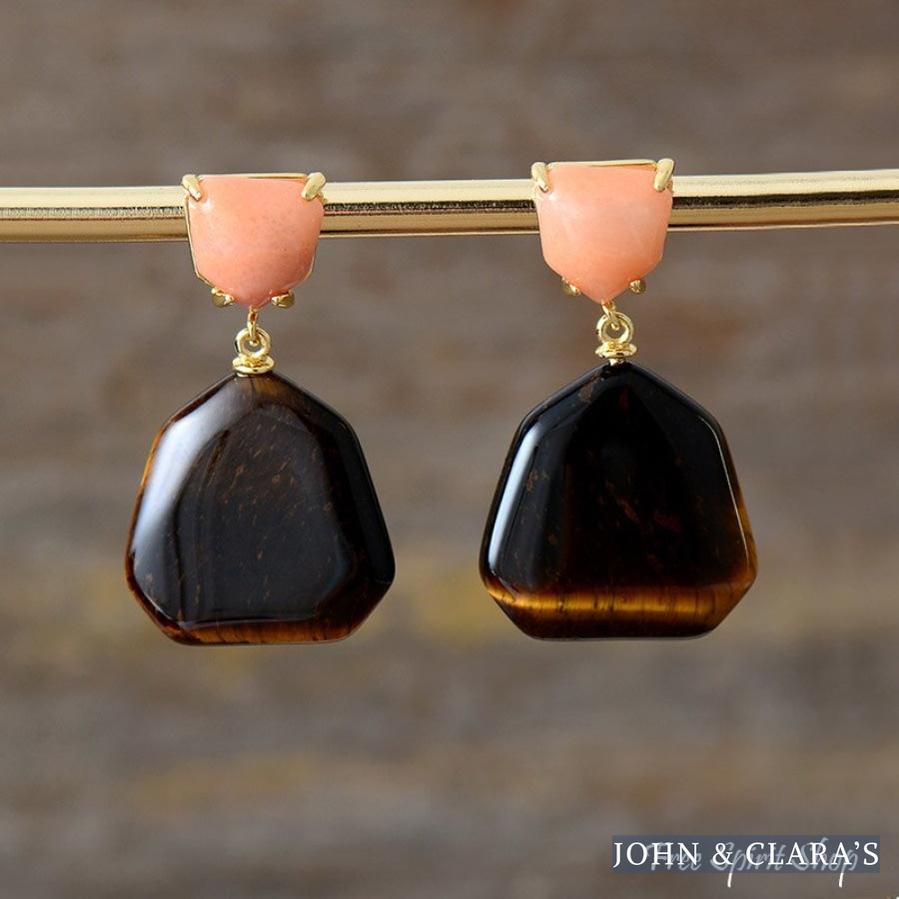 Natural Tiger Eye & Peach Stone Earrings