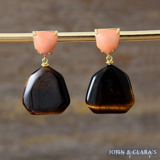 Natural Tiger Eye & Peach Stone Earrings