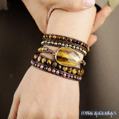 Natural Tiger Eye & Rhodonite Wrap Bracelet