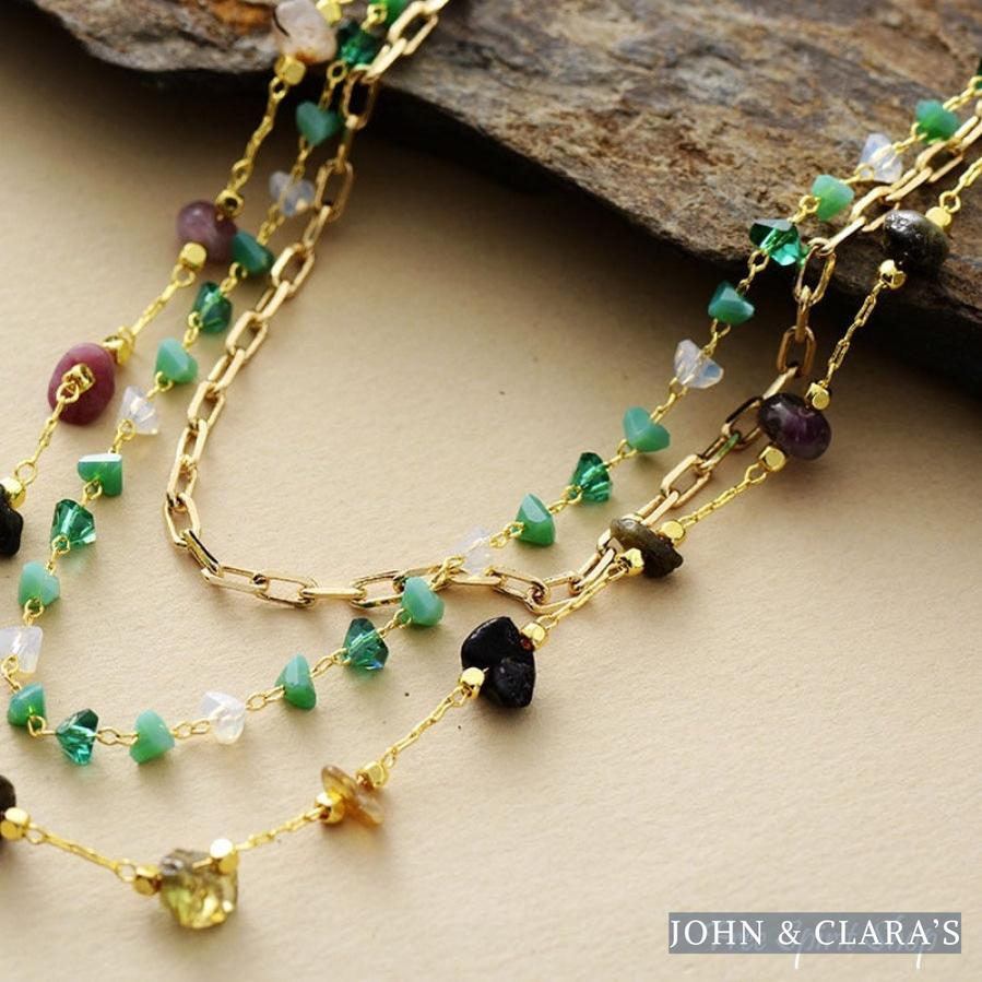 Natural Tourmaline & Green Aventurine Chain Multi-Layer Necklace