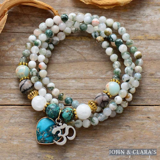 Natural Tree Agate & Ohm Charm Bead Bracelet / Necklace