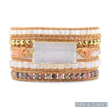 Natural White Selenite & Rhodochrosite Beaded Wrap Bracelet