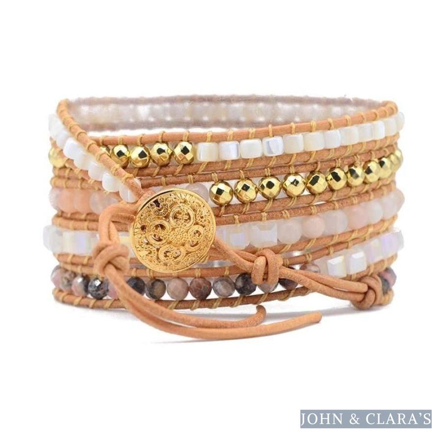 Natural White Selenite & Rhodochrosite Beaded Wrap Bracelet