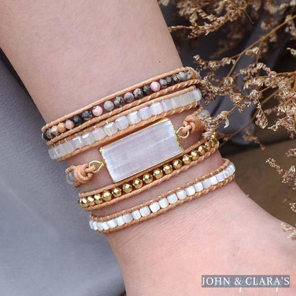 Natural White Selenite & Rhodochrosite Beaded Wrap Bracelet
