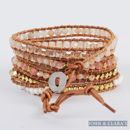 Natural White Selenite & Sunstone Wrap Bracelet