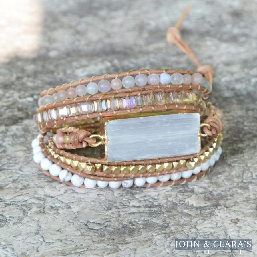 Natural White Selenite & Sunstone Wrap Bracelet