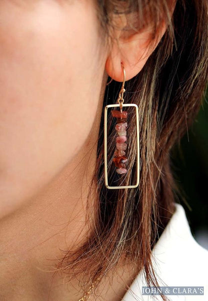 Pink Tourmaline Crystal Rectangle Drop Earrings