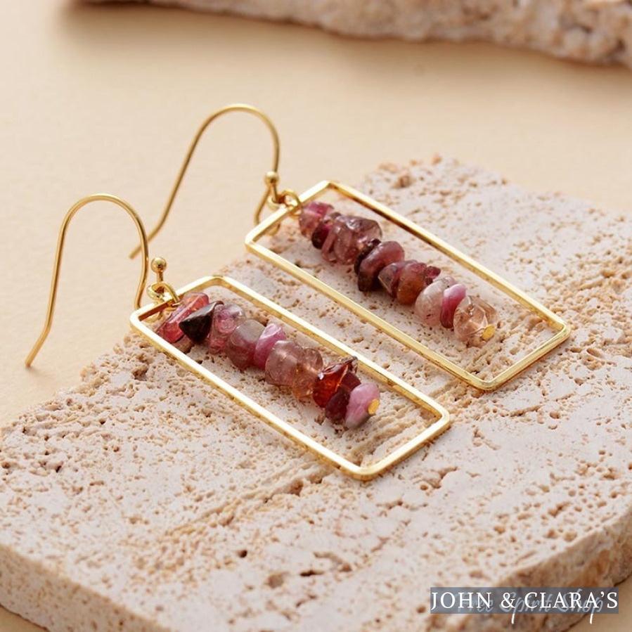 Pink Tourmaline Crystal Rectangle Drop Earrings