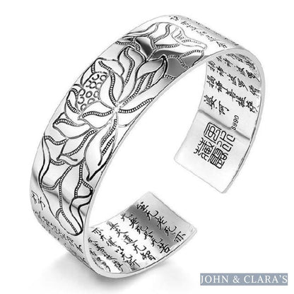 Buddhist Lotus & Heart Sutra Bangle Bracelet