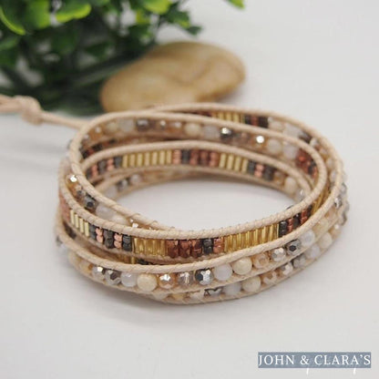 Snowy Agate Beige Beaded Wrap Bracelet