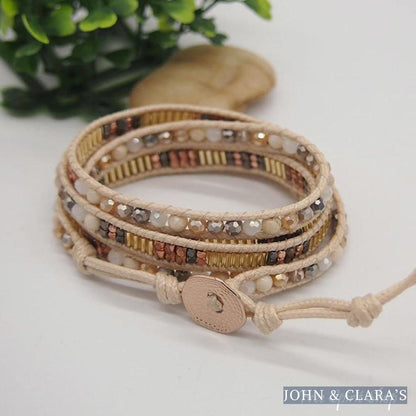 Snowy Agate Beige Beaded Wrap Bracelet