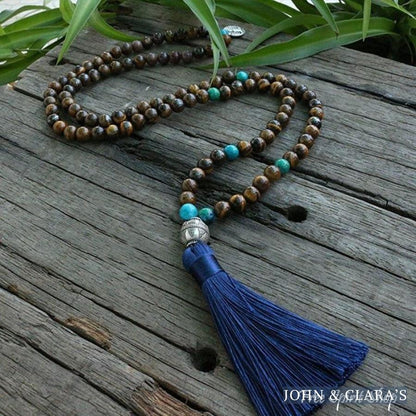 Tibetan 108 Natural Tiger Eye & Blue Tassel Mala Prayer Beads