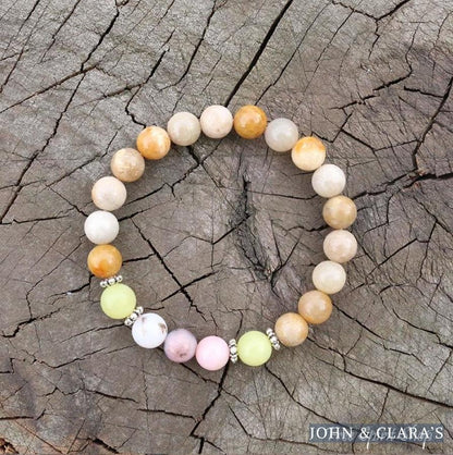 Yellow Olive Jade Sunstone & Pink Opal Bead Bracelet