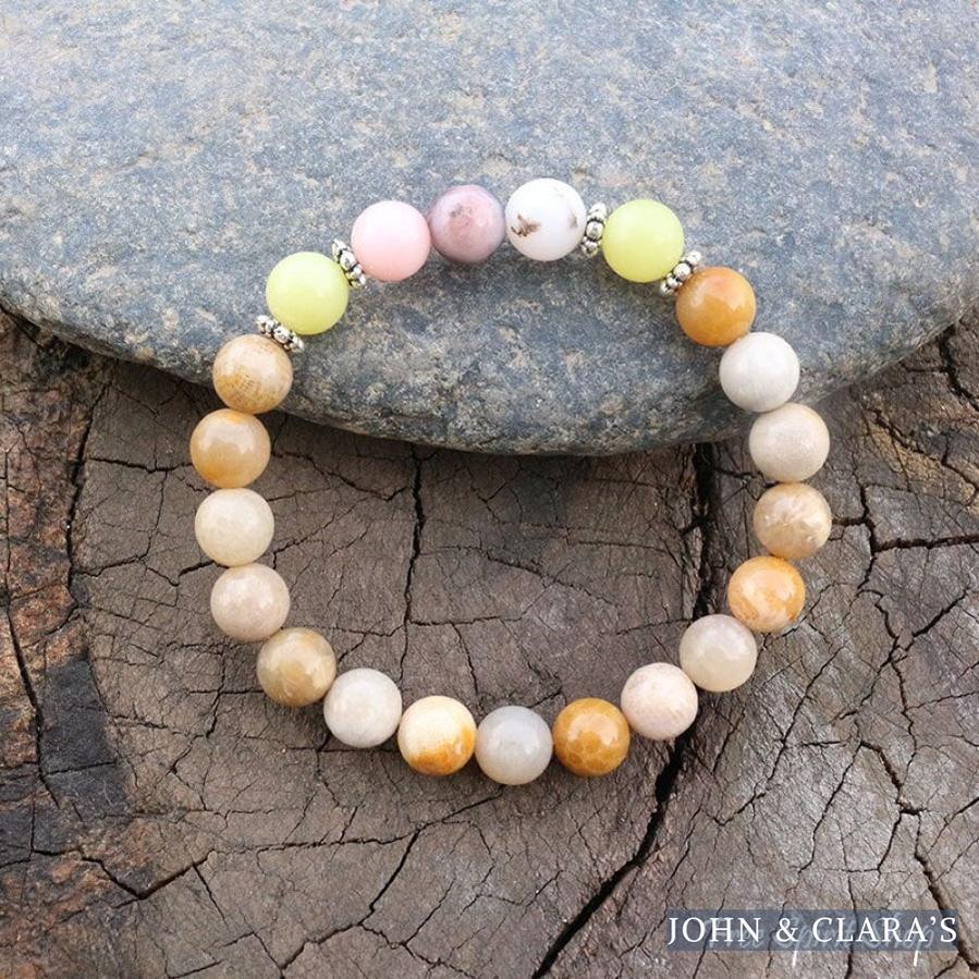 Yellow Olive Jade Sunstone & Pink Opal Bead Bracelet